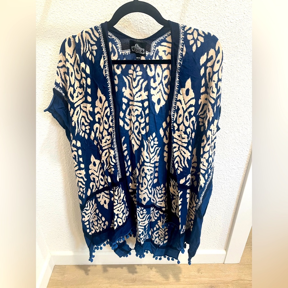 Angie Navy & Cream Floral Kimono One Size Pom Pom Trim Boho Cover Up